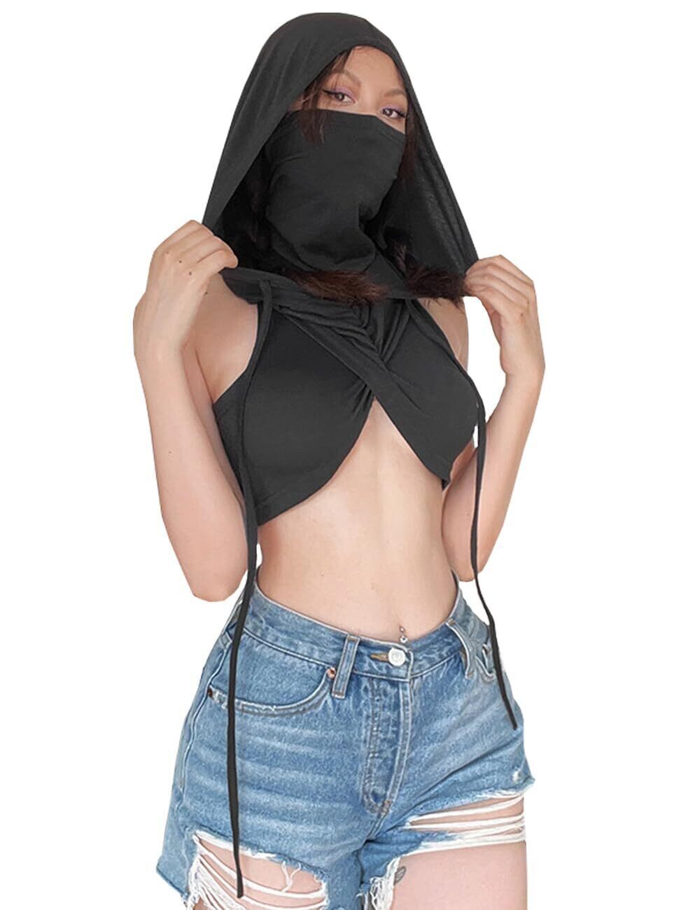 9168 Hooded Crop Tank Top Y2K Streetwear Sleeveless Hoodies Workout Rave